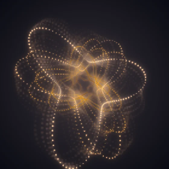 Amber Bloom – Superformula · 199 circles · 3-fold symmetry · Amber palette · bloom, 3D depth, animated background, glow, motion trails, noise-sized shapes, depth sorting