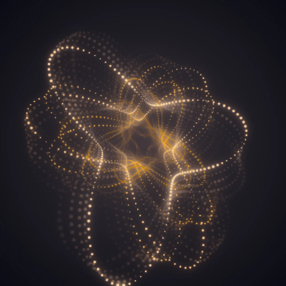 Amber Bloom – Superformula · 199 circles · 3-fold symmetry · Amber palette · bloom, 3D depth, animated background, glow, motion trails, noise-sized shapes, depth sorting generated with Espiralito