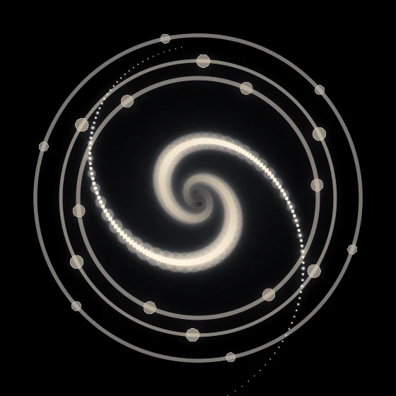 Amber Cubes – Spiral · 150 wireframe cubes · 2-fold symmetry · Amber palette · bloom, black-and-white grade, 3D depth, tapered strokes, animated background, glow, depth sorting, turning solids