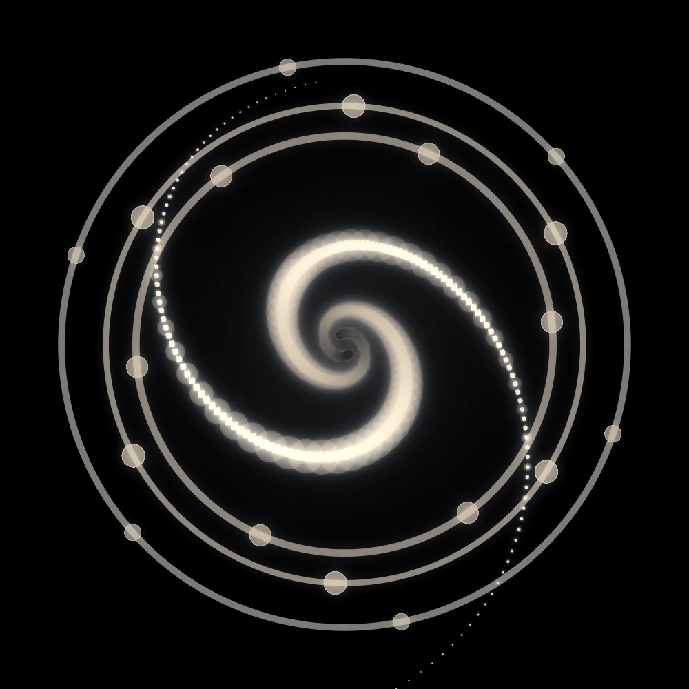 Amber Cubes – Spiral · 150 wireframe cubes · 2-fold symmetry · Amber palette · bloom, black-and-white grade, 3D depth, tapered strokes, animated background, glow, depth sorting, turning solids generated with Espiralito
