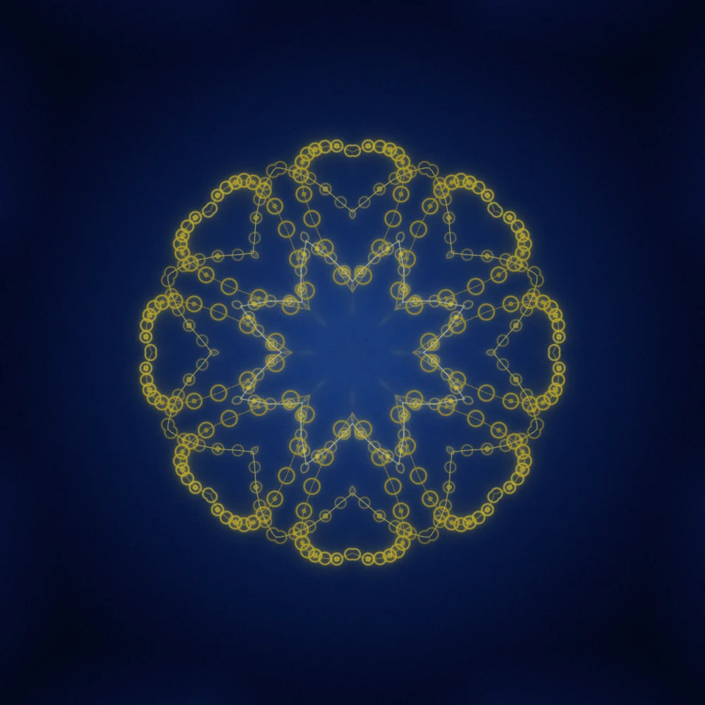 Amber Facet – Mandala · 264 circles · Mono Amber palette · 8-wedge kaleidoscope with 1 fractal fold, bloom, film grain, cool grade, glow generated with Espiralito