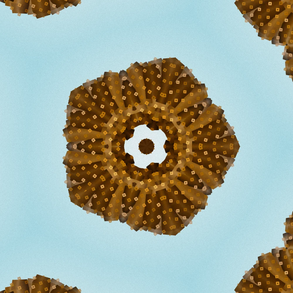 Amber Kaleidoscope – Fibonacci · 132 diamonds · Amber palette · shaded ribbons, 5-wedge kaleidoscope with 1 fractal fold, film grain, 3D depth generated with Espiralito