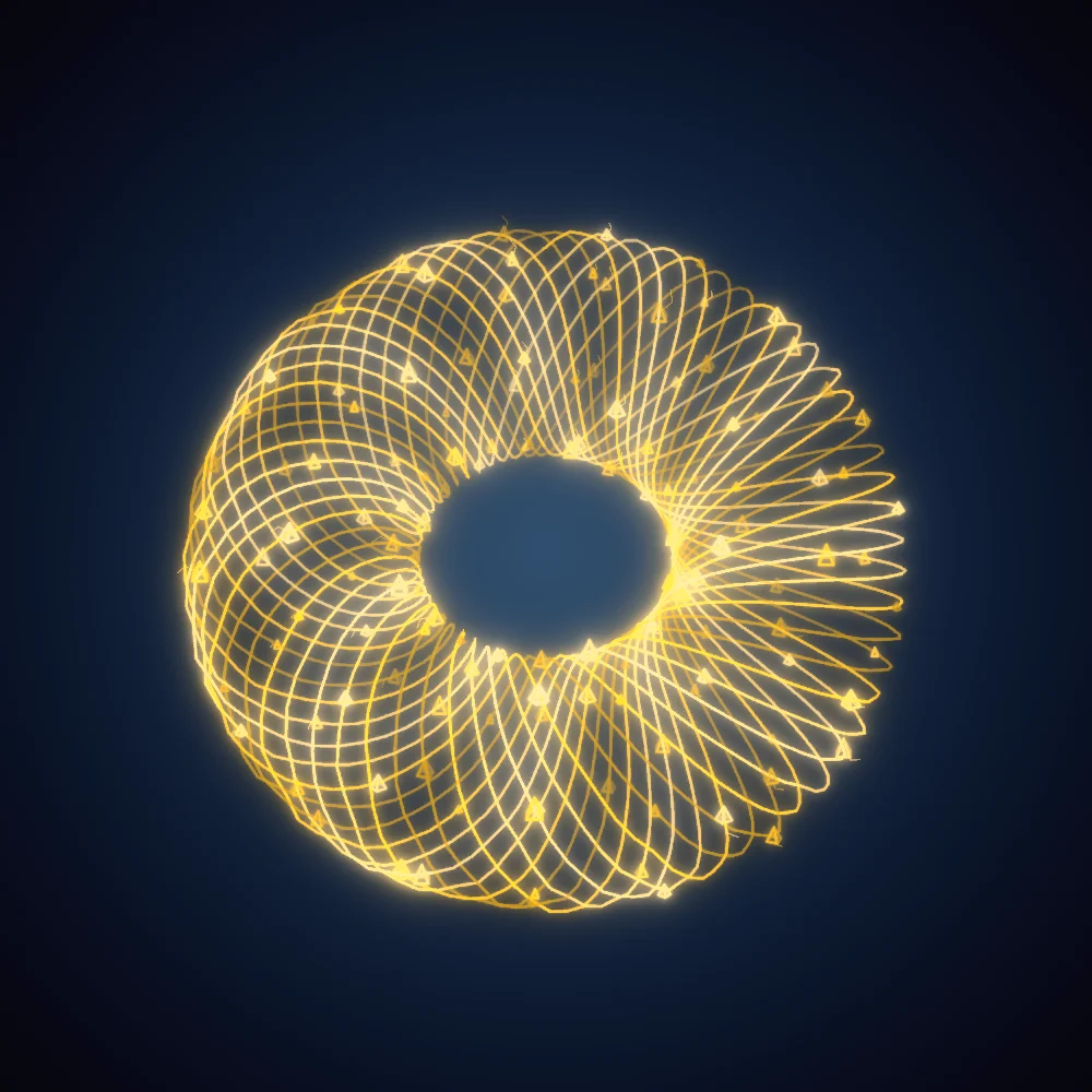 Amber Knot – Mandala · 220 wireframe pyramids · Mono Amber palette · bloom, warm grade, glow generated with Espiralito