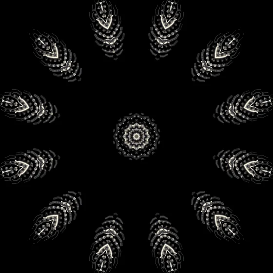 Amber Mirror – Fibonacci · 178 wireframe octahedra · Amber palette · ribbons + dots, 12-wedge kaleidoscope with 2 fractal folds, bloom, black-and-white grade, 3D depth, tapered strokes, connecting lines
