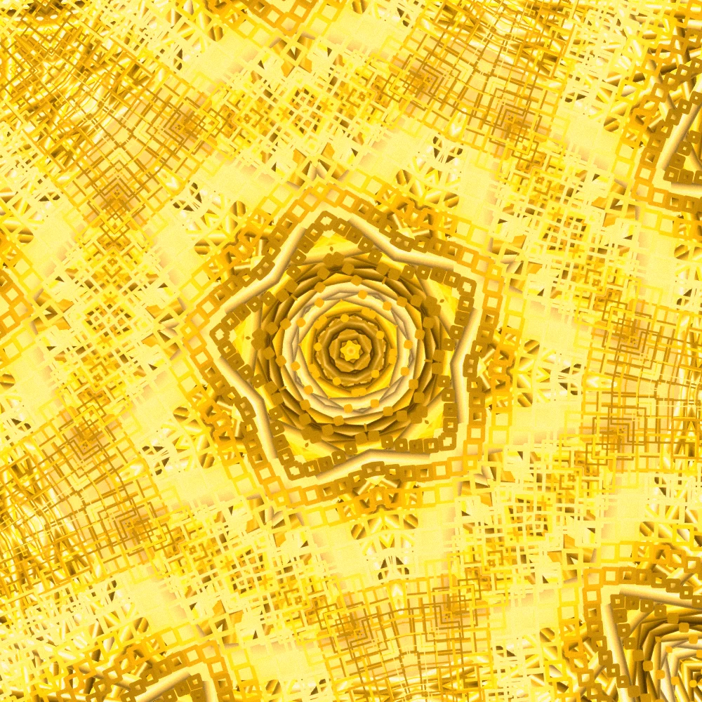 Amber Mirror – Fibonacci · 106 diamonds · 9-fold symmetry · Mono Amber palette · ribbons + dots, 5-wedge kaleidoscope with 1 fractal fold, bloom, film grain, warm grade, tapered strokes generated with Espiralito