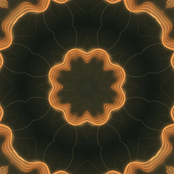 Amber Mosaic – Superformula · 227 circles · 9-fold symmetry · Amber palette · 8-wedge kaleidoscope with 1 fractal fold, , 3D depth, animated background, fit-to-canvas, glow, motion trails, depth sorting, connecting lines