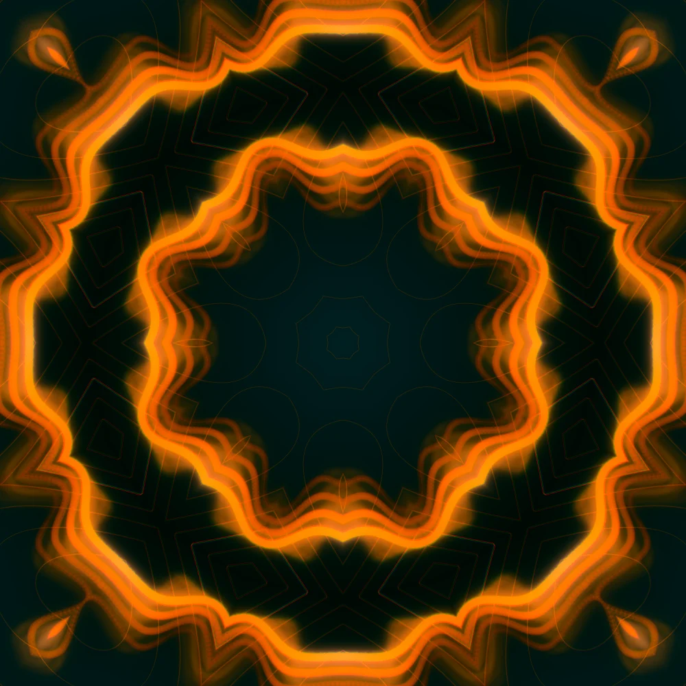 Amber Mosaic – Superformula · 227 circles · 9-fold symmetry · Amber palette · 8-wedge kaleidoscope with 1 fractal fold, bloom, chromatic aberration, neon grade, 3D depth, fit-to-canvas, glow, motion trails, depth sorting, connecting lines generated with Espiralito