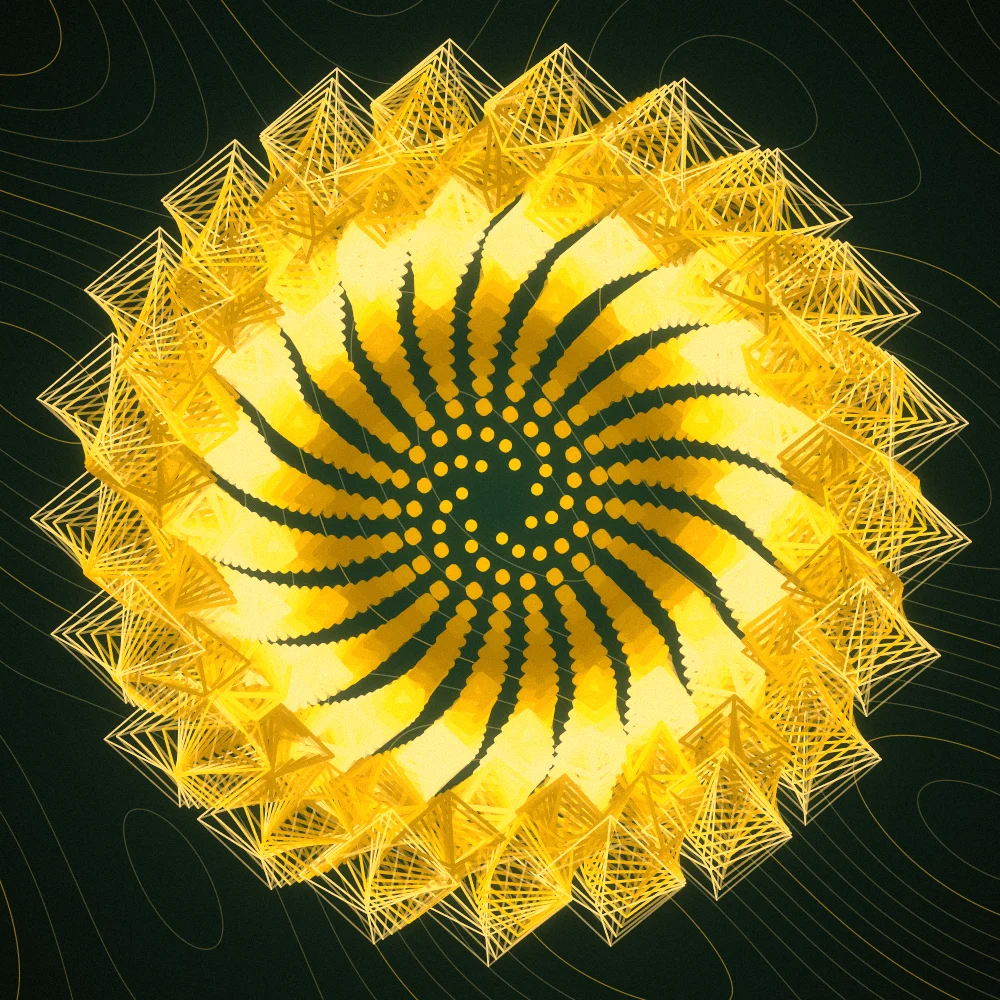 Amber Octahedra – Fibonacci · 109 wireframe octahedra · 7-fold symmetry · Mono Amber palette · bloom, film grain, warm grade, tapered strokes, turning solids generated with Espiralito