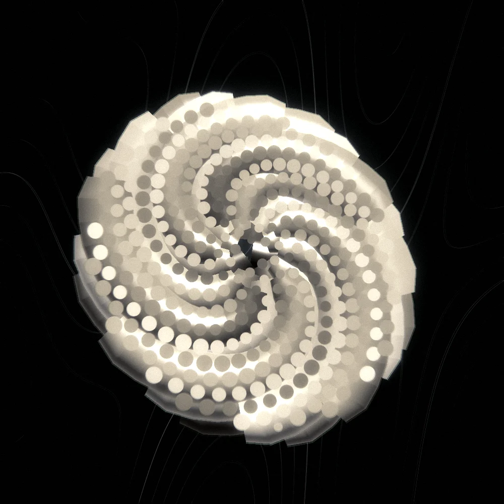 Amber Seedhead – Fibonacci · 171 circles · Amber palette · ribbons + dots, bloom, chromatic aberration, film grain, black-and-white grade, 3D depth generated with Espiralito