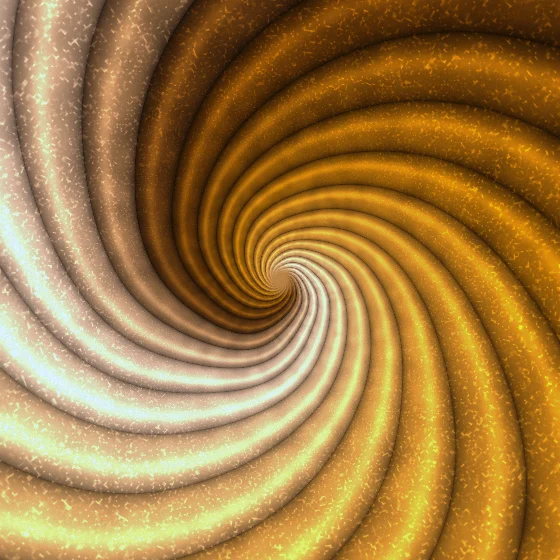 Amber Vortex – Swirls · velvet ribbons twisting into a vortex · 5 arms · Amber palette · bloom, film grain, cool grade, reverse rotation
