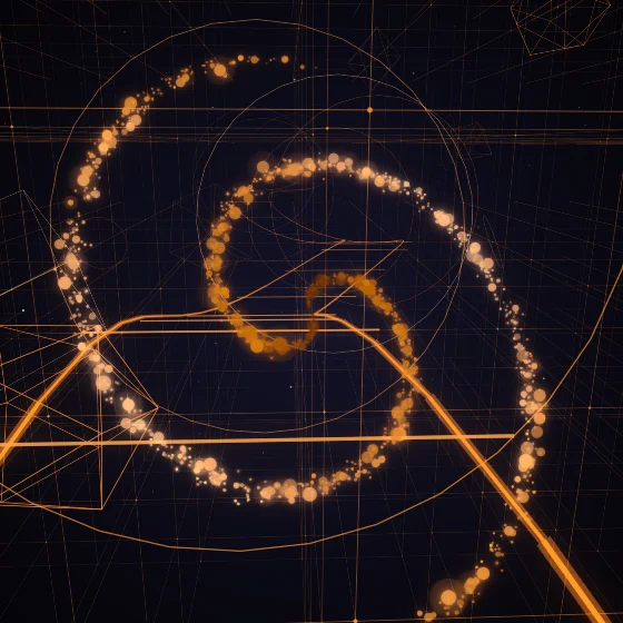 Amber Whorl – Spiral · 217 circles · 2-fold symmetry · Amber palette · ribbons + dots, bloom, warm grade, 3D depth, glow