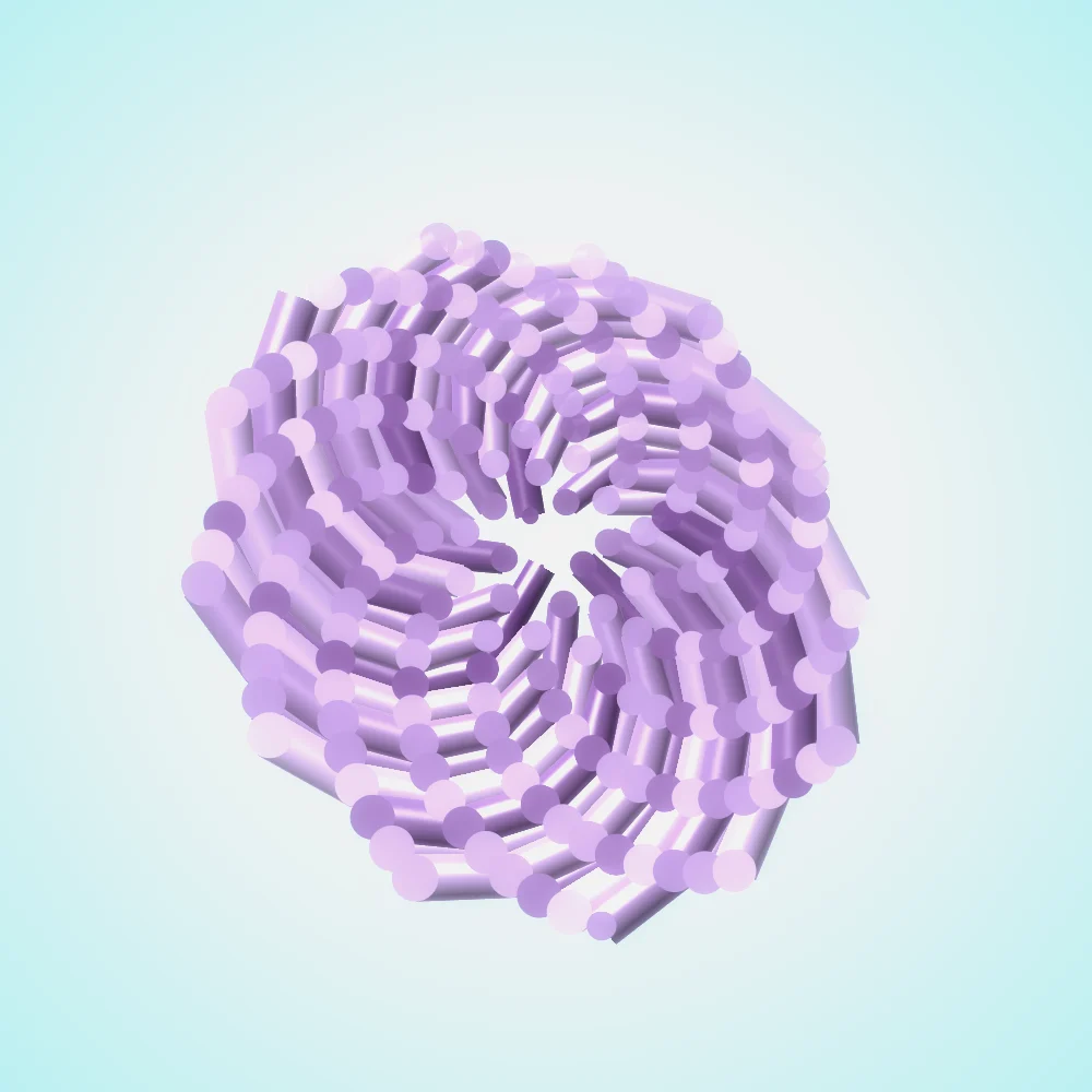 Amethyst Seedhead – Fibonacci · 100 circles · Amethyst palette · ribbons + dots, bloom, 3D depth generated with Espiralito
