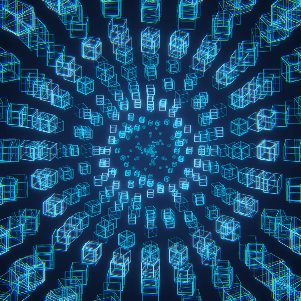 Aqua Cubes – Spiral · 300 wireframe cubes · 3-fold symmetry · Mono Cyan palette · bloom, chromatic aberration, cool grade, turning solids generated with Espiralito