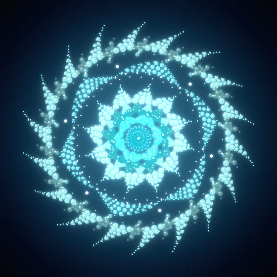 Aqua Dotpaint – Mandala · 220 circles · Aqua palette · , animated background, glow