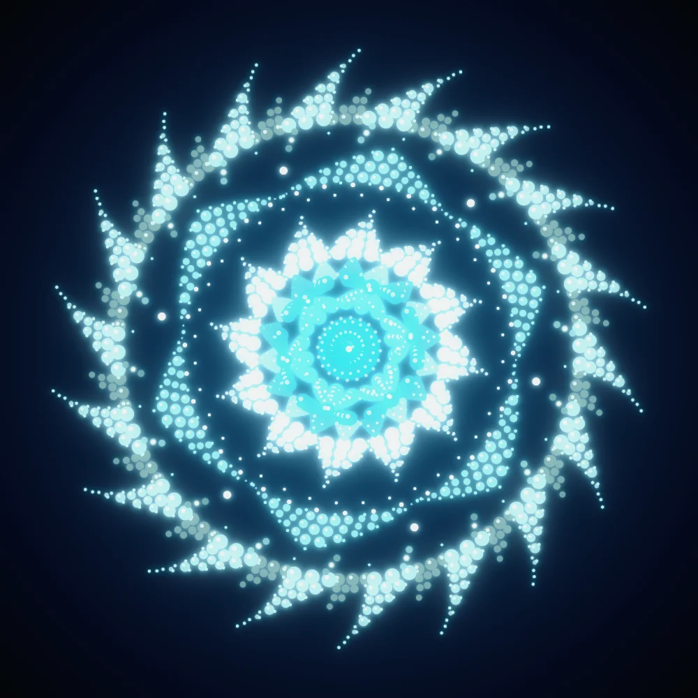 Aqua Dotpaint – Mandala · 220 circles · Aqua palette · bloom, animated background, glow generated with Espiralito