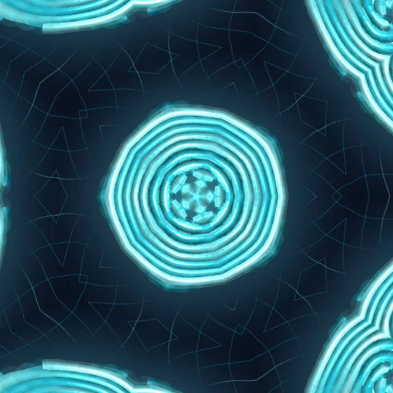 Aqua Kaleidoscope – Spiral · 212 circles · 5-fold symmetry · Aqua palette · shaded ribbons, 5-wedge kaleidoscope with 1 fractal fold, , 3D depth, dual spiral, animated background
