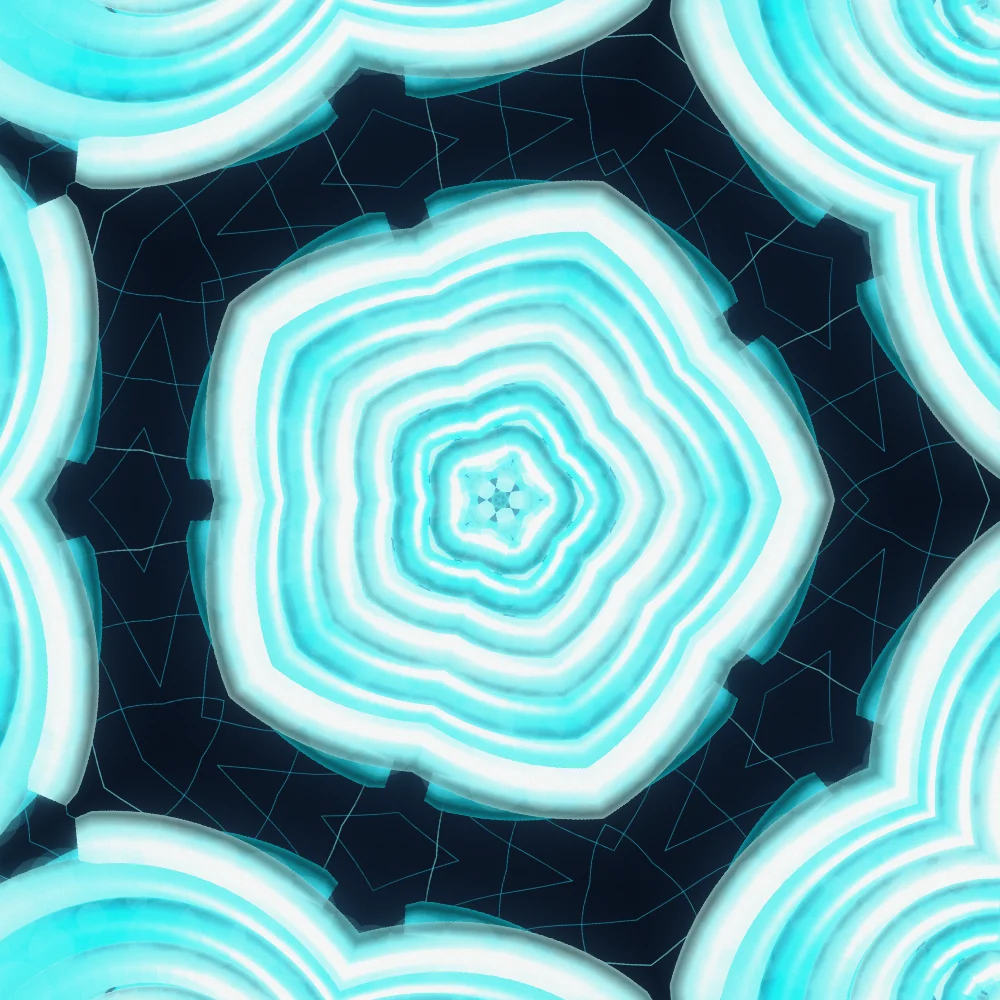 Aqua Kaleidoscope – Spiral · 212 circles · 5-fold symmetry · Aqua palette · shaded ribbons, 5-wedge kaleidoscope with 1 fractal fold, bloom, film grain, 3D depth, dual spiral, animated background generated with Espiralito