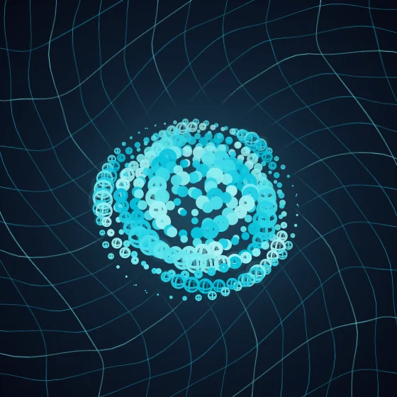 Aqua Pearls – Spiral · 80 wireframe spheres · 3-fold symmetry · Aqua palette · , 3D depth, reverse rotation, dual spiral, tapered strokes, animated background, fit-to-canvas, noise-sized shapes, depth sorting, turning solids