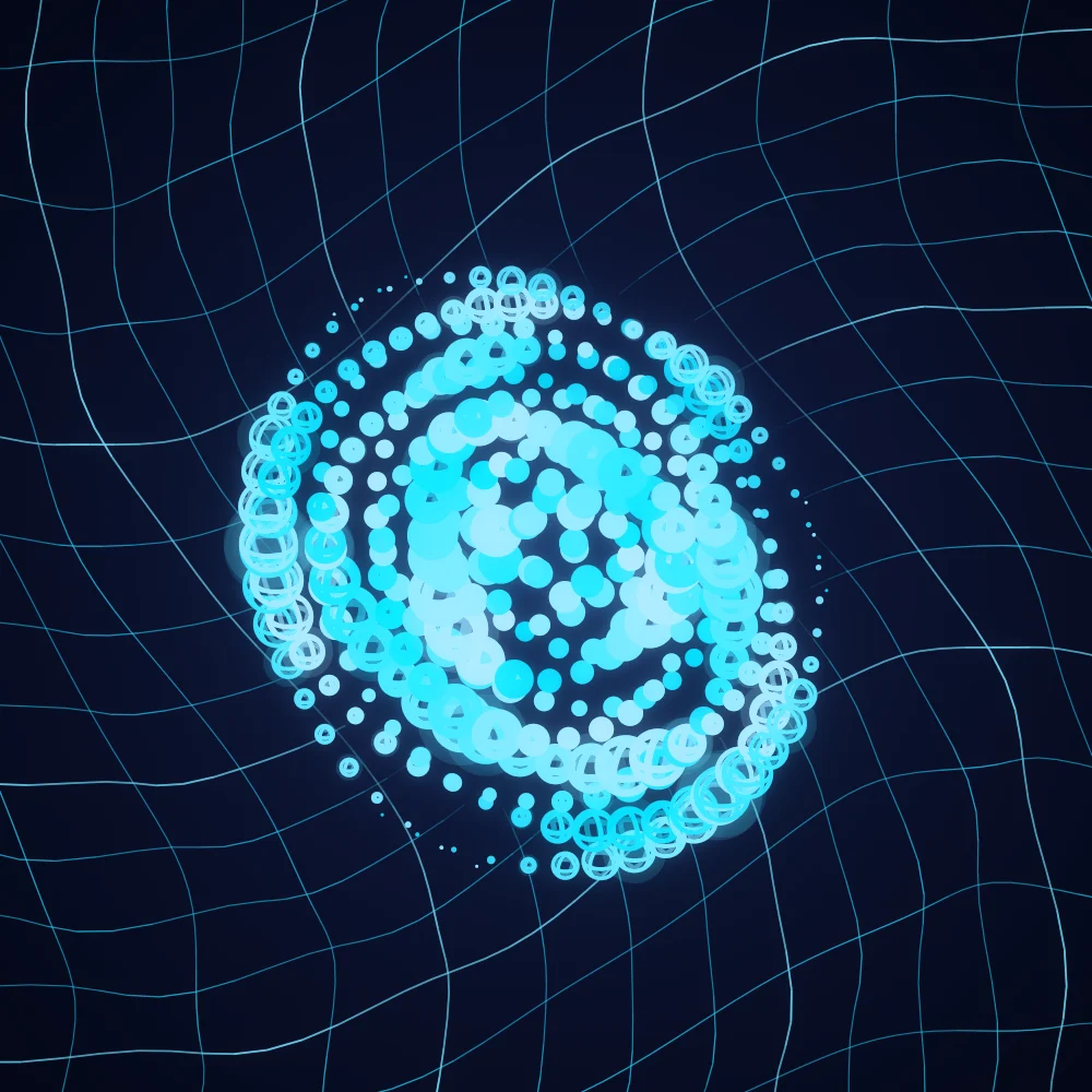 Aqua Pearls – Spiral · 80 wireframe spheres · 3-fold symmetry · Aqua palette · bloom, cool grade, 3D depth, reverse rotation, dual spiral, tapered strokes, fit-to-canvas, noise-sized shapes, depth sorting, turning solids generated with Espiralito