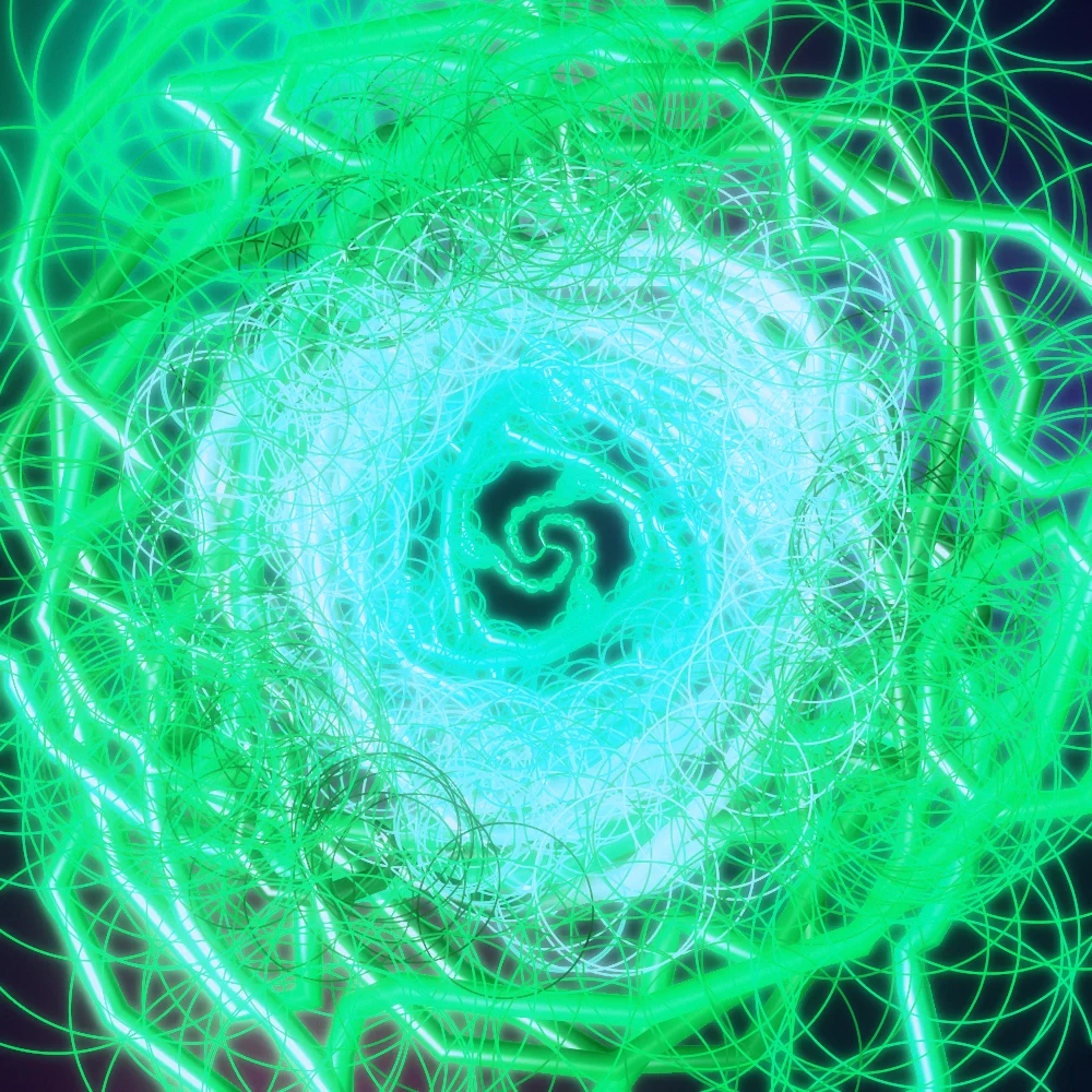 Aurora Eye – Burst · 260 circles · 3-fold symmetry · Bioluminescent palette · ribbons + dots, bloom, film grain, cool grade, 3D depth, glow generated with Espiralito