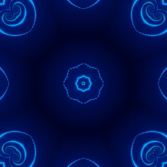 Aurora Mirror – Spiral · 192 circles · 3-fold symmetry · Aurora palette · 8-wedge kaleidoscope with 2 fractal folds, bloom, neon grade, 3D depth, noise-sized shapes, depth sorting