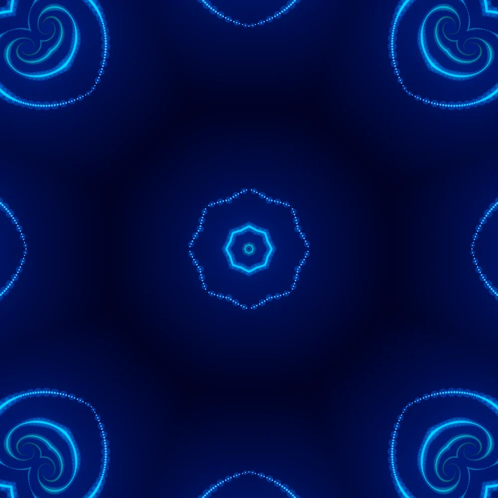 Aurora Mirror – Spiral · 192 circles · 3-fold symmetry · Aurora palette · 8-wedge kaleidoscope with 2 fractal folds, bloom, neon grade, 3D depth, noise-sized shapes, depth sorting generated with Espiralito