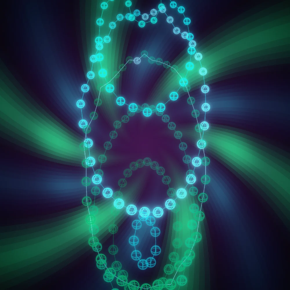 Aurora Orbs – Mandala · 220 wireframe spheres · Aurora palette · bloom, ellipse distortion, glow, turning solids generated with Espiralito