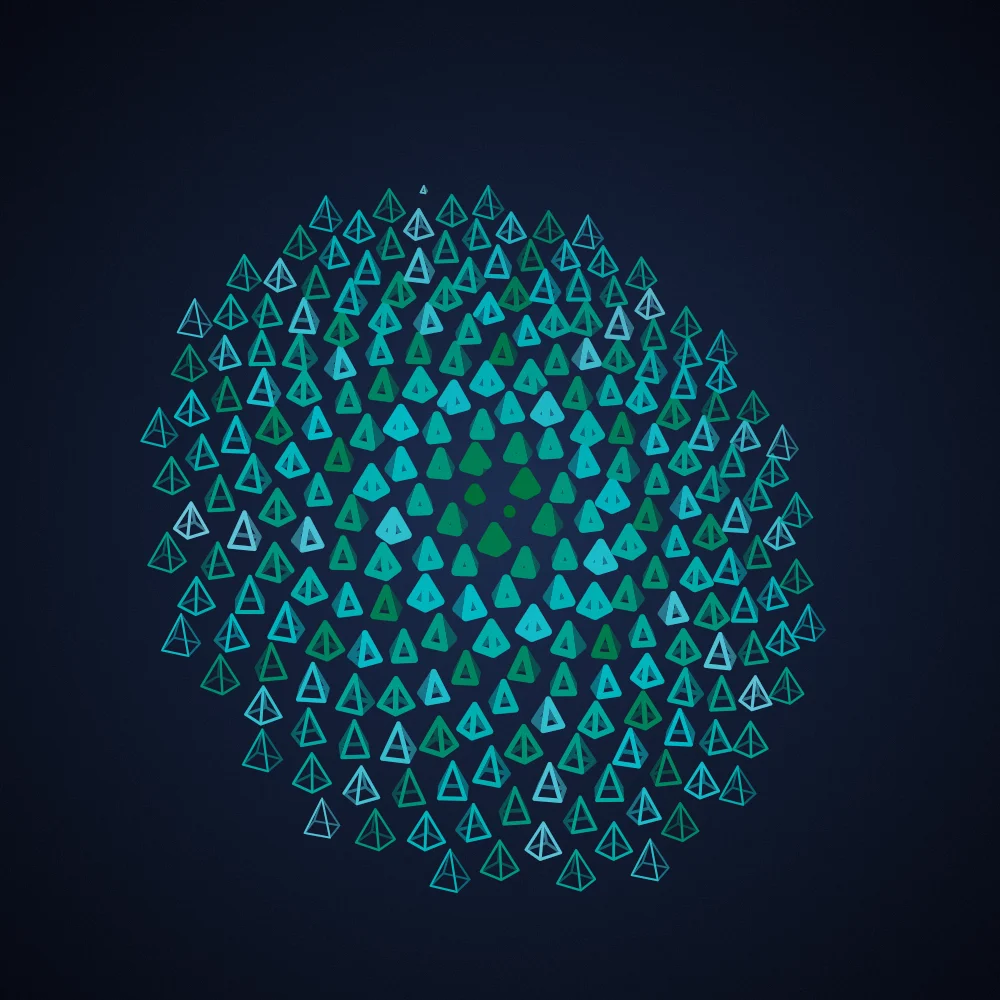 Aurora Pyramids – Fibonacci · 123 wireframe pyramids · Aurora palette · film grain, 3D depth, tapered strokes, turning solids generated with Espiralito