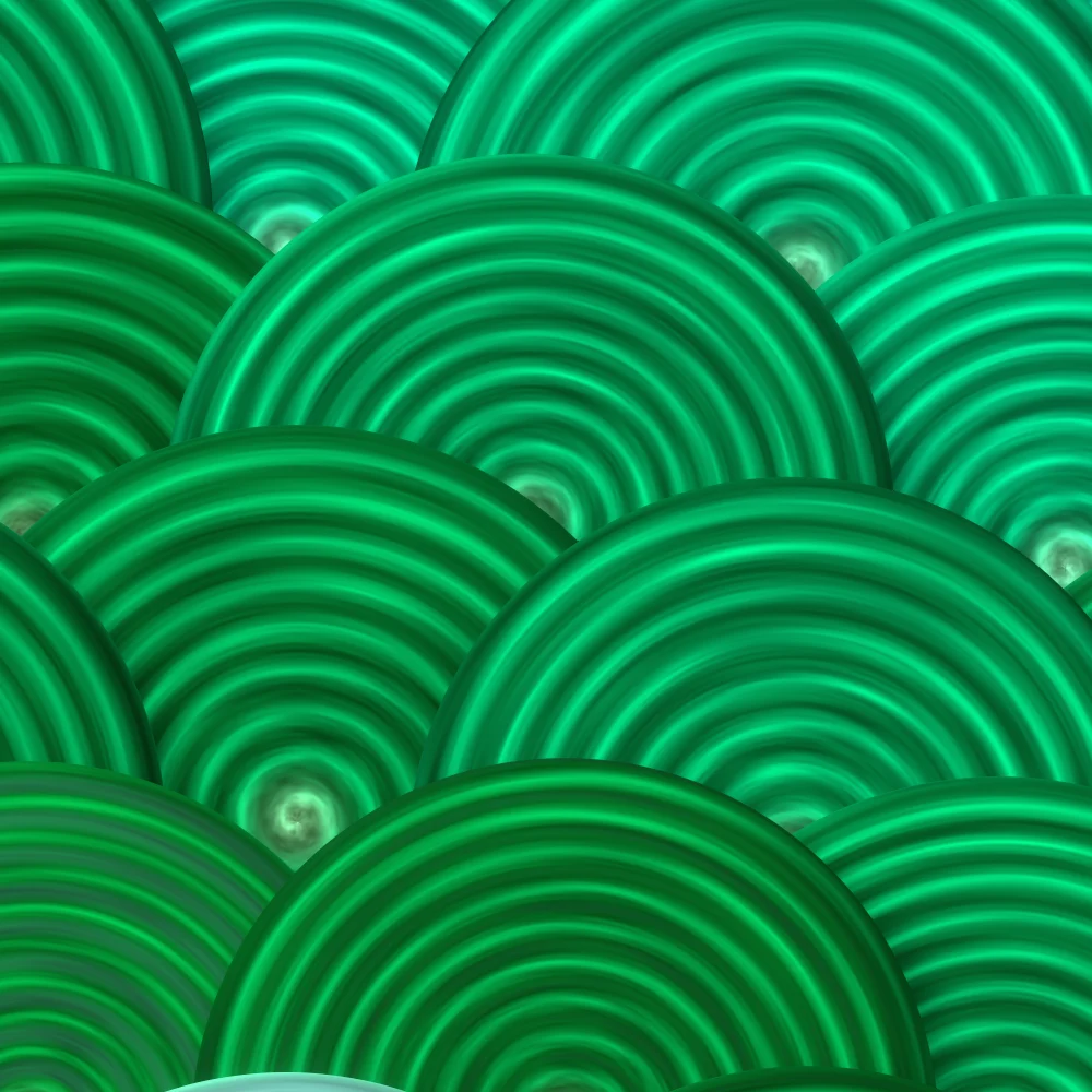 Aurora Ripples – Swirls · painted swirls overlapping like scales · Aurora palette · bloom, warm grade, reverse rotation generated with Espiralito