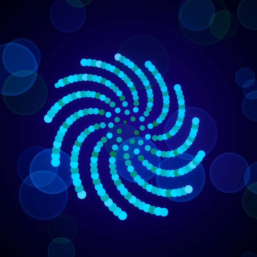 Aurora Seedhead – Fibonacci · 116 circles · Aurora palette · bloom, neon grade, 3D depth, depth sorting generated with Espiralito