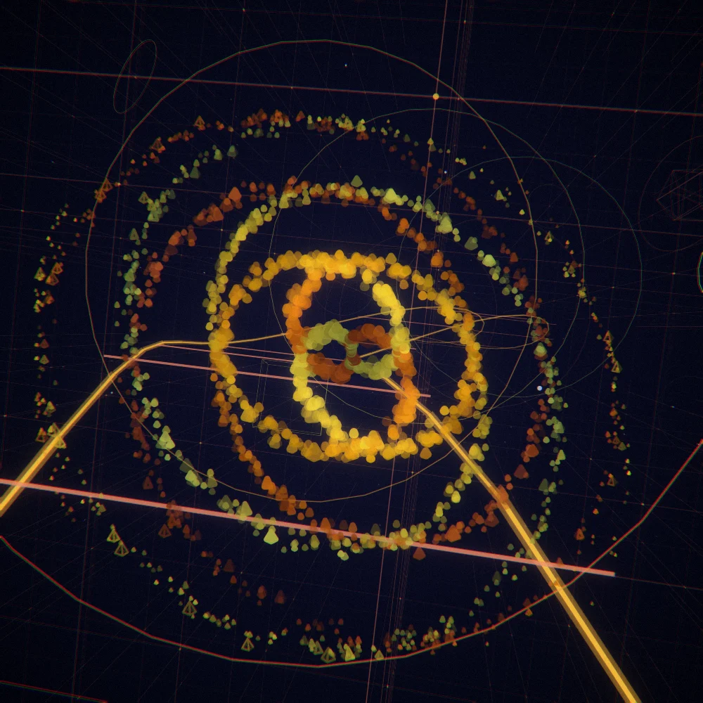 Autumn Pyramids – Spiral · 184 wireframe pyramids · 2-fold symmetry · Autumn palette · bloom, chromatic aberration, film grain, 3D depth, dual spiral, tapered strokes, depth sorting, turning solids generated with Espiralito