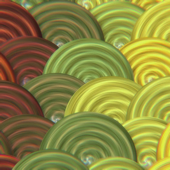 Autumn Scales – Swirls · painted swirls overlapping like scales · 3 arms · Autumn palette · bloom, chromatic aberration, film grain, cool grade, reverse rotation