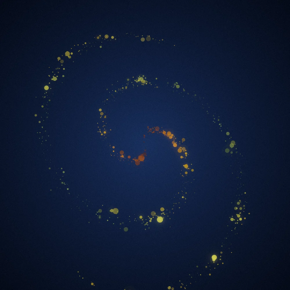 Autumn Whorl – Spiral · 139 circles · 2-fold symmetry · Autumn palette · bloom, film grain, cool grade, 3D depth, noise-sized shapes, depth sorting generated with Espiralito