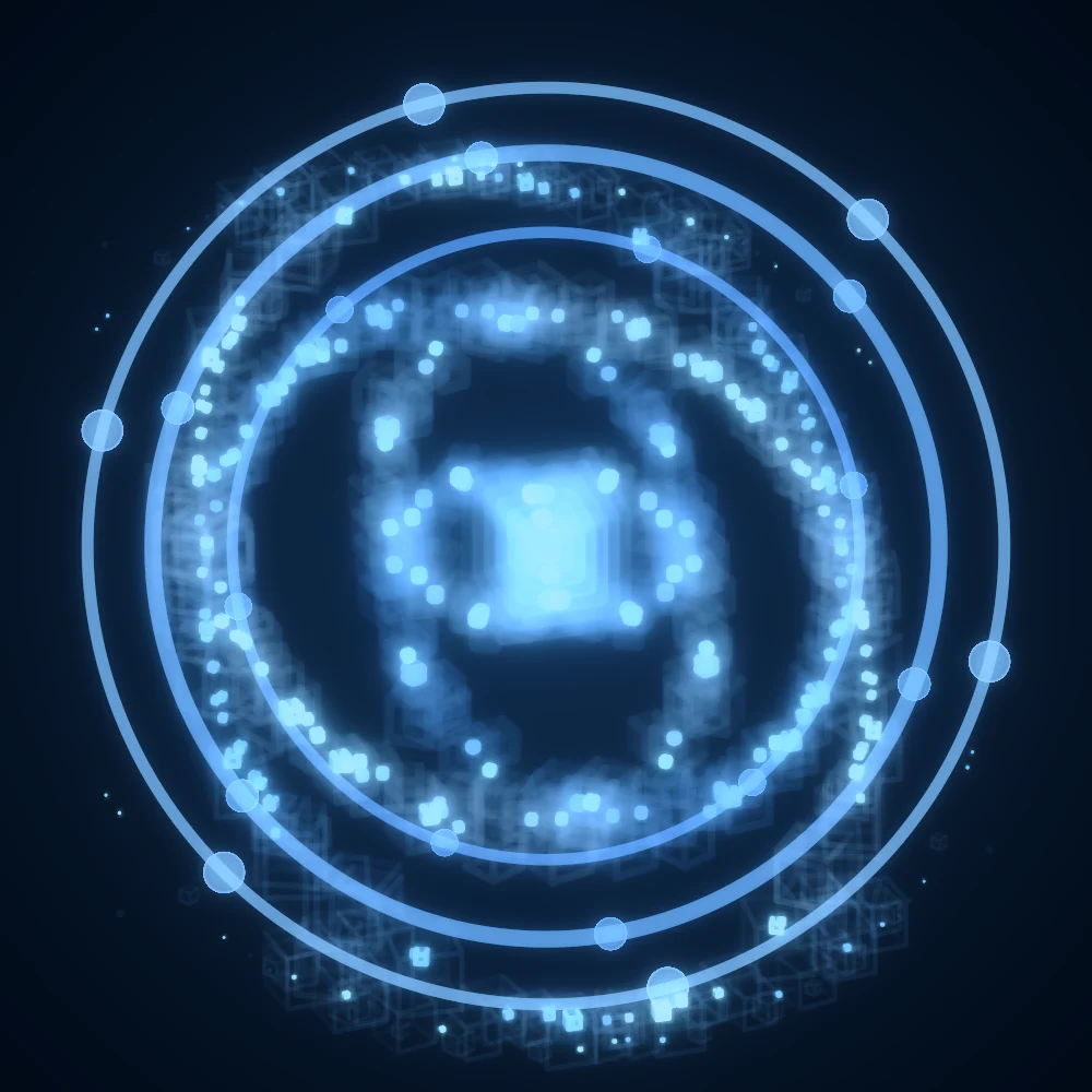 Azure Cubes – Spiral · 83 wireframe cubes · 2-fold symmetry · Azure palette · bloom, cool grade, 3D depth, dual spiral, tapered strokes, glow, depth sorting, turning solids generated with Espiralito