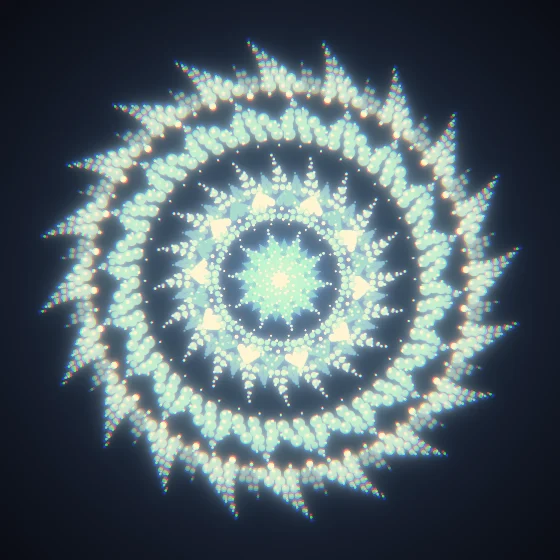 Azure Dotpaint – Mandala · 220 diamonds · Azure palette · bloom, chromatic aberration, warm grade, reverse rotation, glow