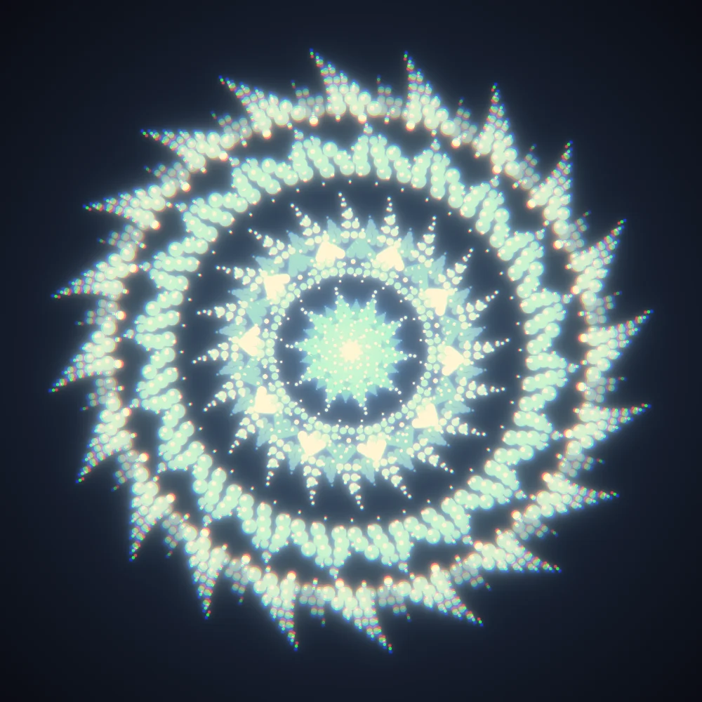 Azure Dotpaint – Mandala · 220 diamonds · Azure palette · bloom, chromatic aberration, warm grade, reverse rotation, glow generated with Espiralito
