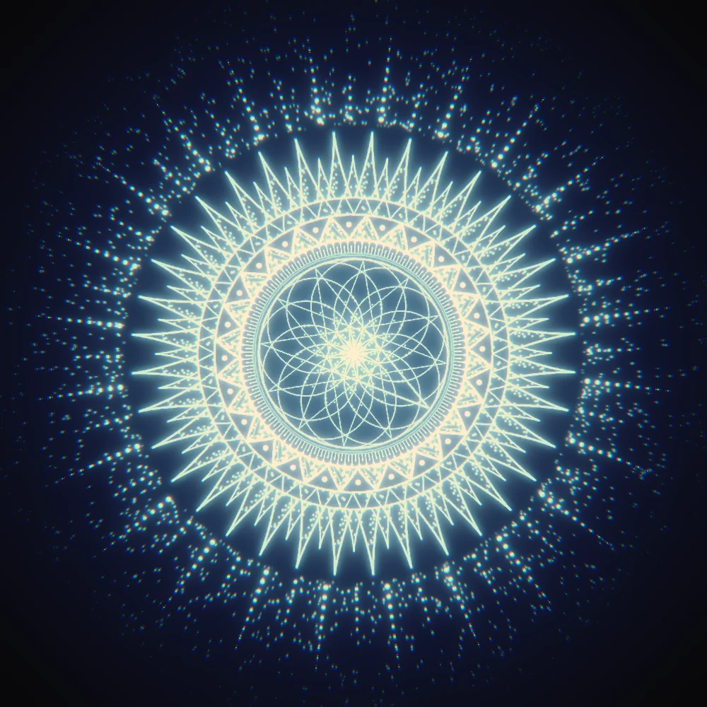 Azure Dotwork – Mandala · 220 circles · Azure palette · bloom, chromatic aberration, warm grade, glow generated with Espiralito
