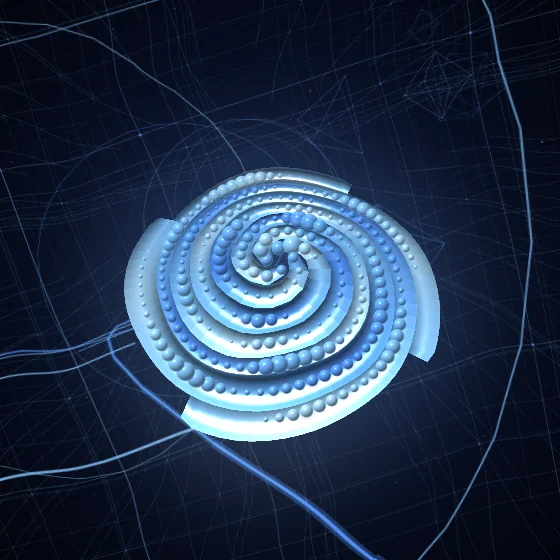 Azure Whorl – Spiral · 139 circles · 4-fold symmetry · Azure palette · ribbons + dots, , 3D depth, animated background, noise-sized shapes
