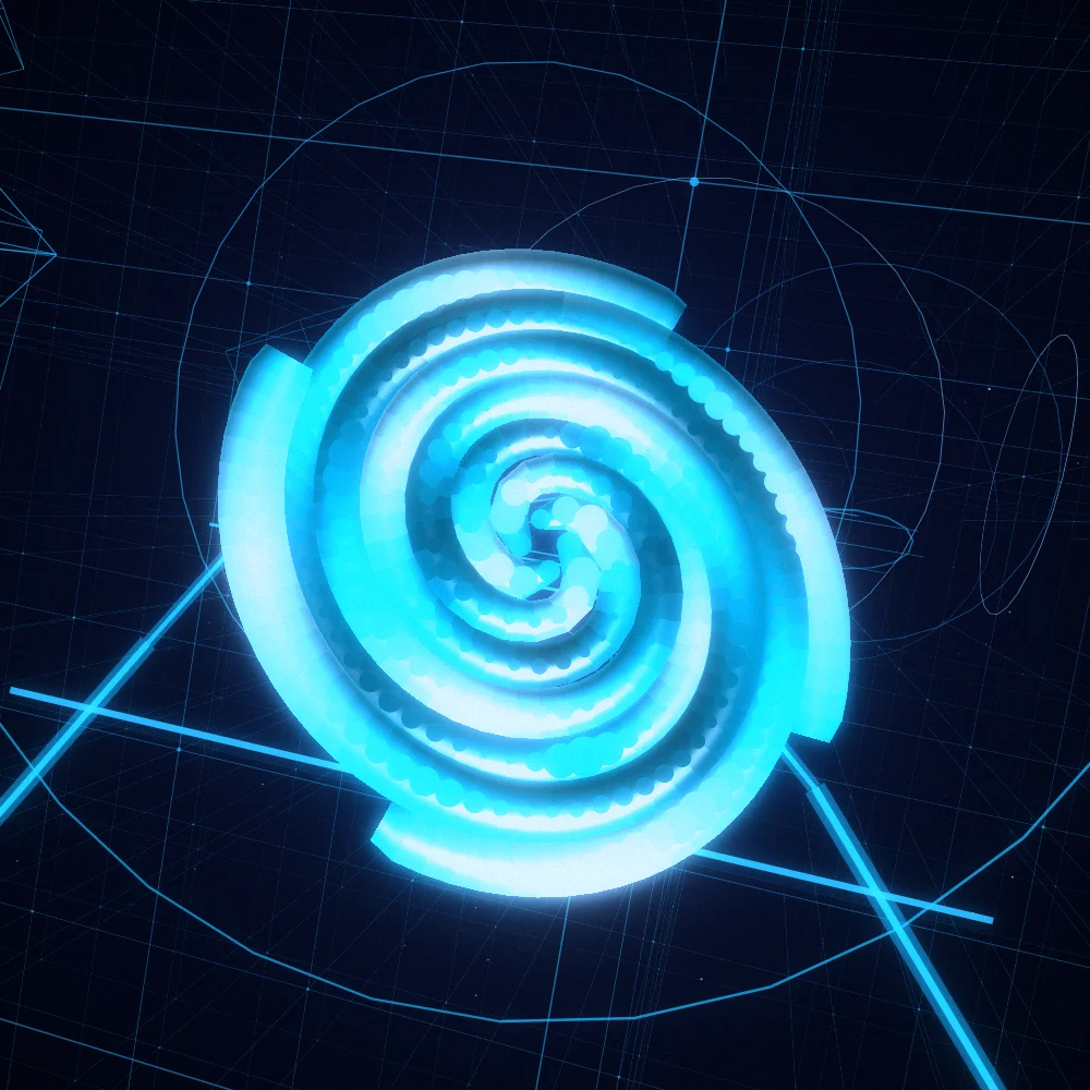 Azure Whorl – Spiral · 139 circles · 4-fold symmetry · Azure palette · ribbons + dots, bloom, film grain, cool grade, 3D depth, noise-sized shapes generated with Espiralito