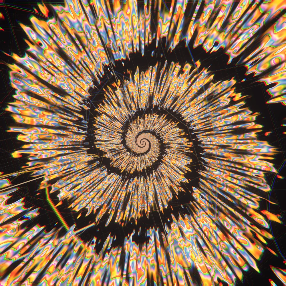 Bauhaus Whirlpool – Tie-dye · a tie-dye spiral · 2 arms · Bauhaus palette · bloom, chromatic aberration, warm grade, reverse rotation, animated background generated with Espiralito