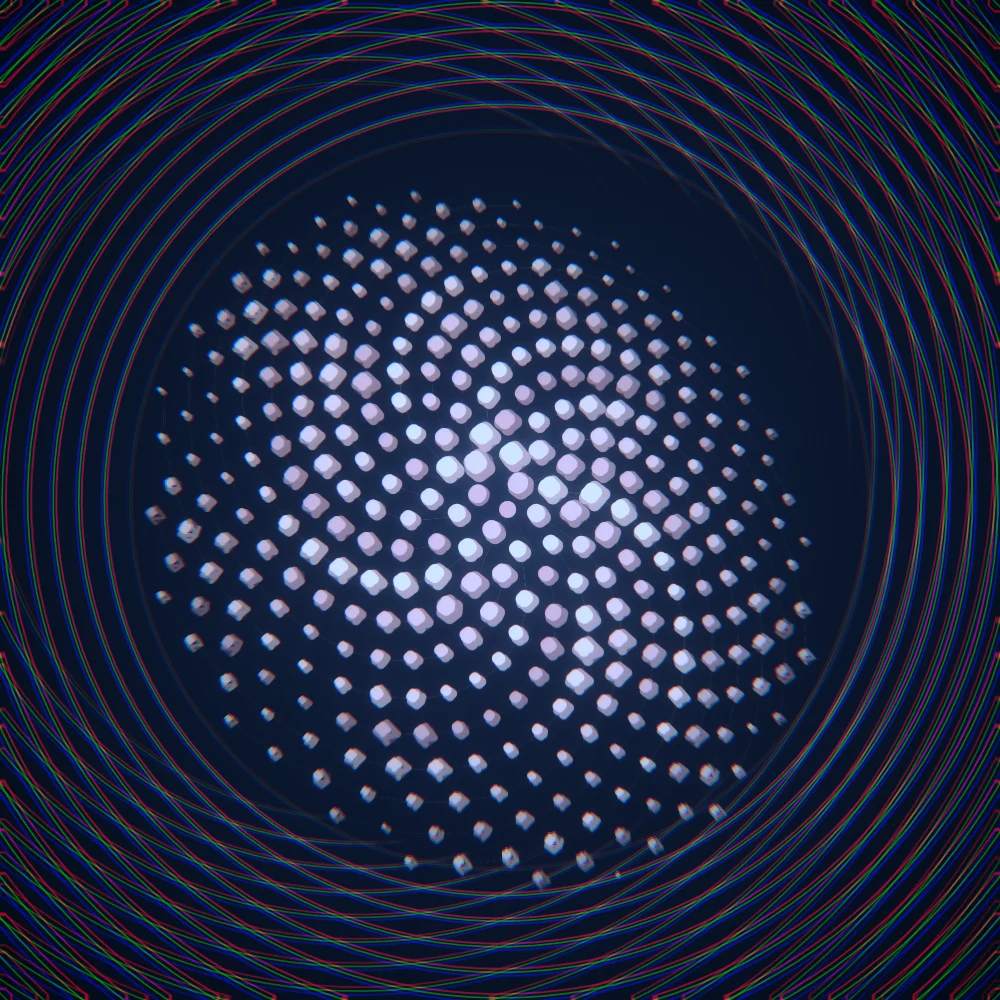 Blush Gems – Fibonacci · 176 wireframe octahedra · Blush palette · bloom, chromatic aberration, film grain, cool grade, 3D depth, tapered strokes, fit-to-canvas, noise-sized shapes, connecting lines, turning solids generated with Espiralito