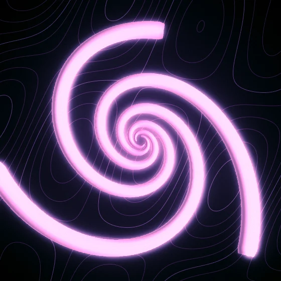 Blush Whorl – Spiral · 180 circles · 3-fold symmetry · Blush palette · shaded ribbons, bloom, film grain, neon grade, 3D depth, animated background, glow