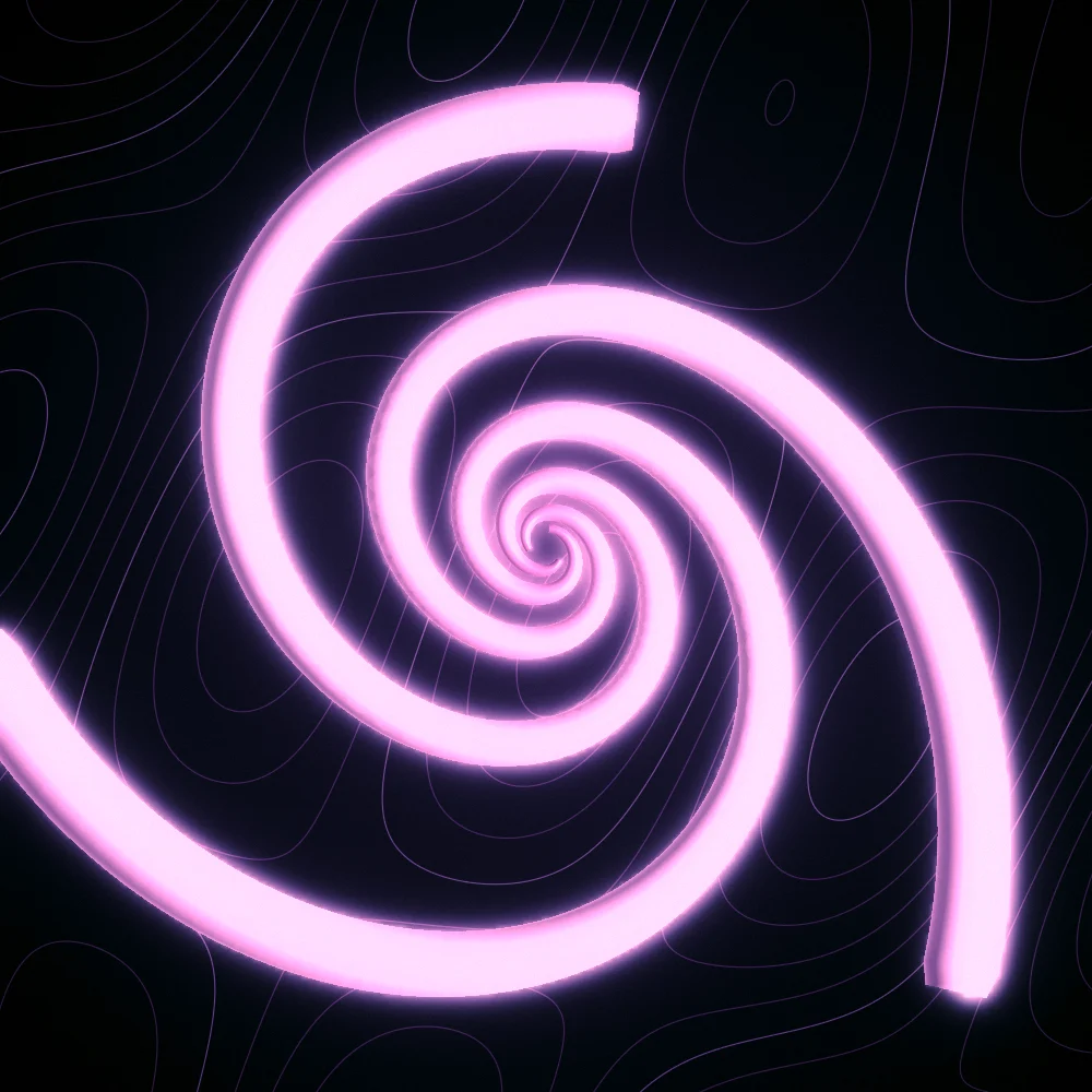 Blush Whorl – Spiral · 180 circles · 3-fold symmetry · Blush palette · shaded ribbons, bloom, film grain, neon grade, 3D depth, animated background, glow generated with Espiralito