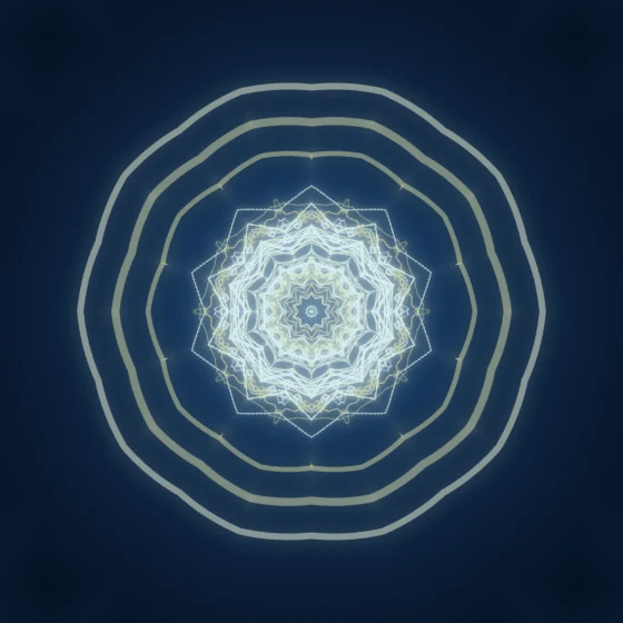 Butter Cubes – Mandala · 251 wireframe cubes · Butter palette · 10-wedge kaleidoscope with 1 fractal fold, bloom, cool grade, ellipse distortion, glow, turning solids