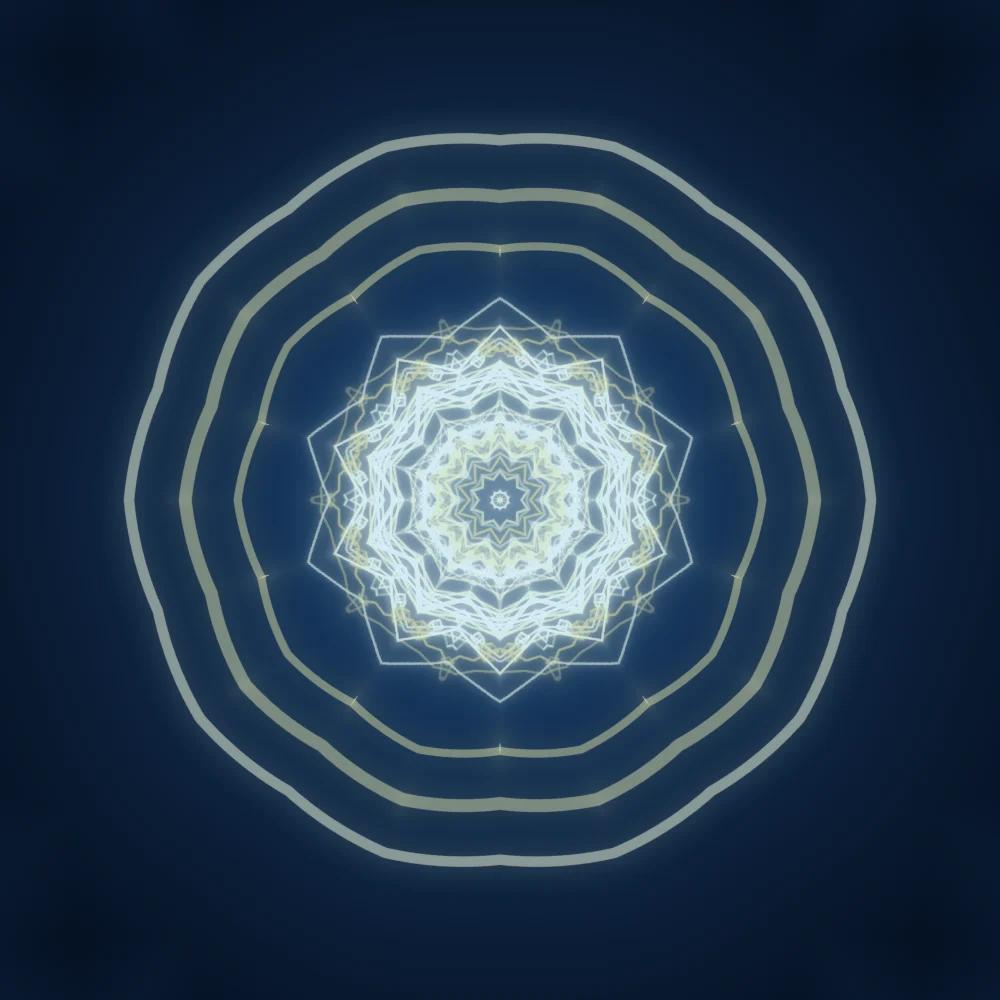 Butter Cubes – Mandala · 251 wireframe cubes · Butter palette · 10-wedge kaleidoscope with 1 fractal fold, bloom, cool grade, ellipse distortion, glow, turning solids generated with Espiralito