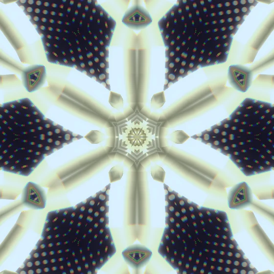 Butter Kaleidoscope – Superformula · 231 triangles · 6-fold symmetry · Butter palette · shaded ribbons, 6-wedge kaleidoscope with 1 fractal fold, bloom, chromatic aberration, cool grade, 3D depth, reverse rotation, animated background, glow, motion trails, connecting lines