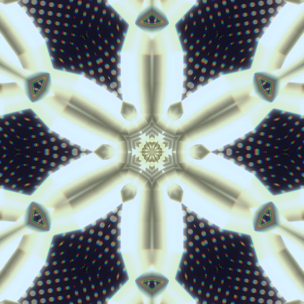 Butter Kaleidoscope – Superformula · 231 triangles · 6-fold symmetry · Butter palette · shaded ribbons, 6-wedge kaleidoscope with 1 fractal fold, bloom, chromatic aberration, cool grade, 3D depth, reverse rotation, animated background, glow, motion trails, connecting lines generated with Espiralito