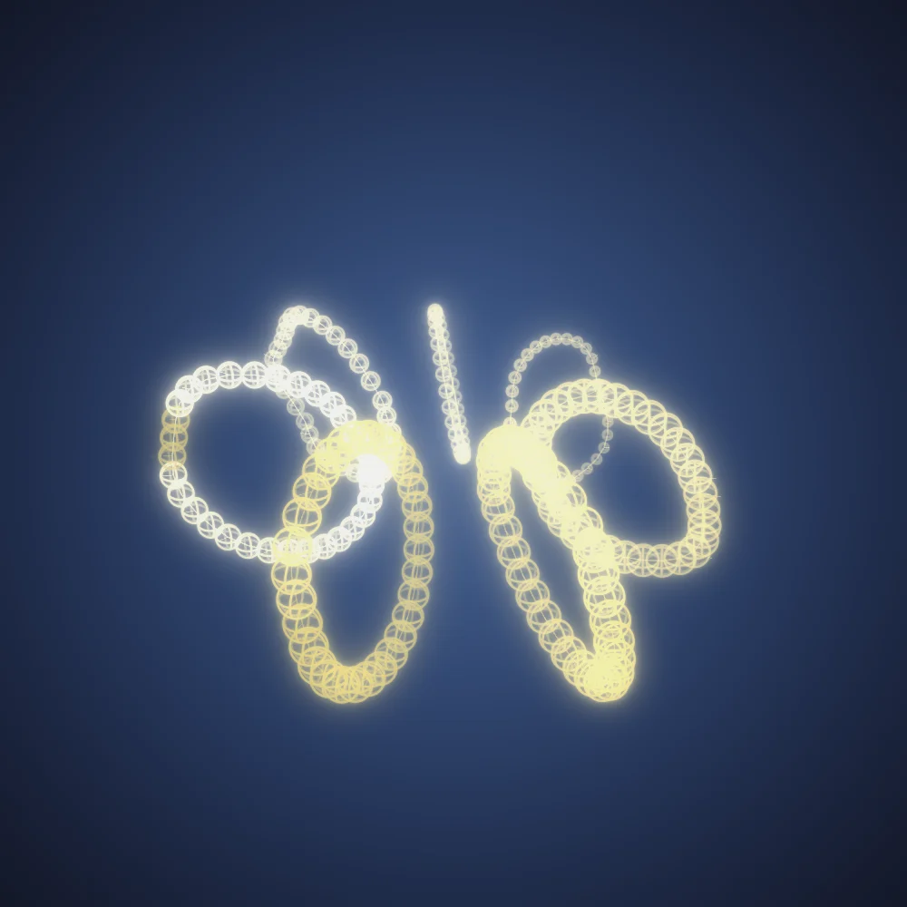 Butter Orbs – Mandala · 220 wireframe spheres · Butter palette · bloom, 3D depth, glow, depth sorting, turning solids generated with Espiralito