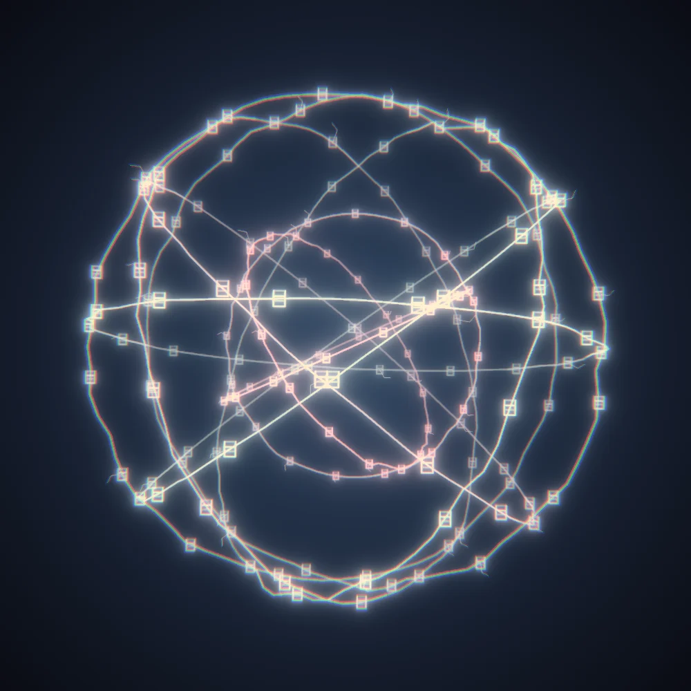 Candy Armillary – Mandala · 220 wireframe cubes · Candy palette · bloom, chromatic aberration, warm grade, glow generated with Espiralito