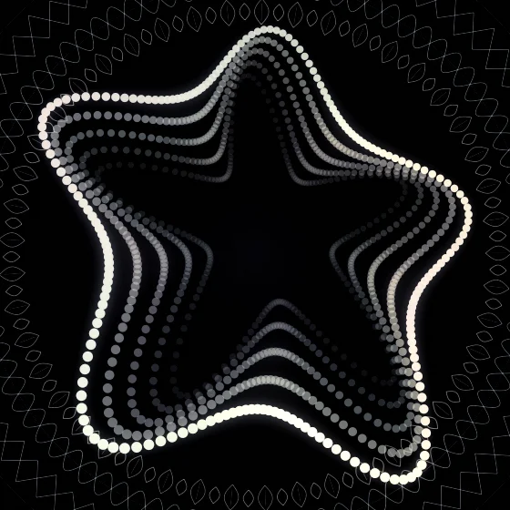 Candy Bloom – Superformula · 162 circles · 5-fold symmetry · Candy palette · bloom, film grain, black-and-white grade, 3D depth, fit-to-canvas, depth sorting